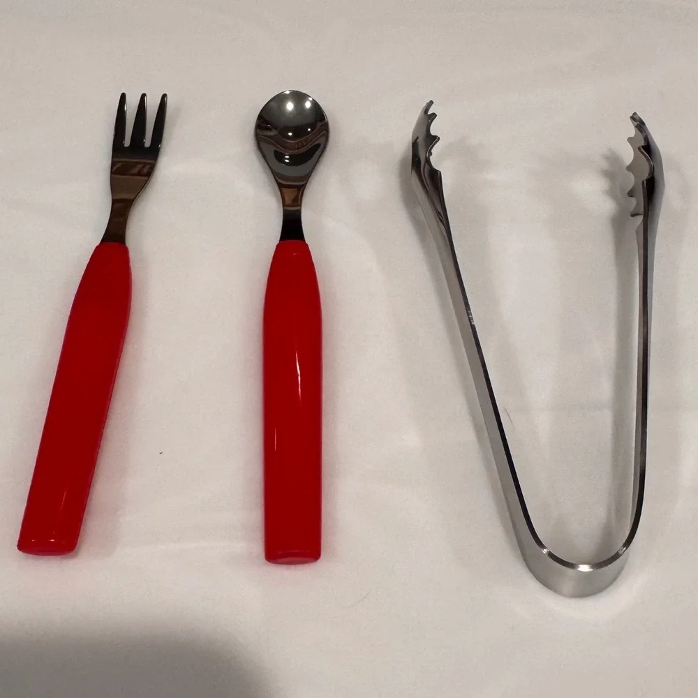 Vintage Red Handle Hors d'oeuvres Stainless‎ Serving Set (Fork Spoon Tongs)